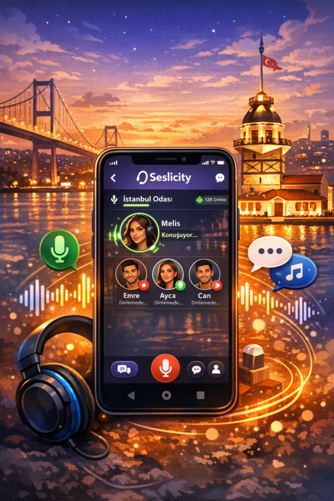 Seslicity, mobil sesli chat platformu. Ücretsiz şehir sohbet odaları, gece muhabbetleri ve canlı sesli bağlantı sadece tek dokunuşla.